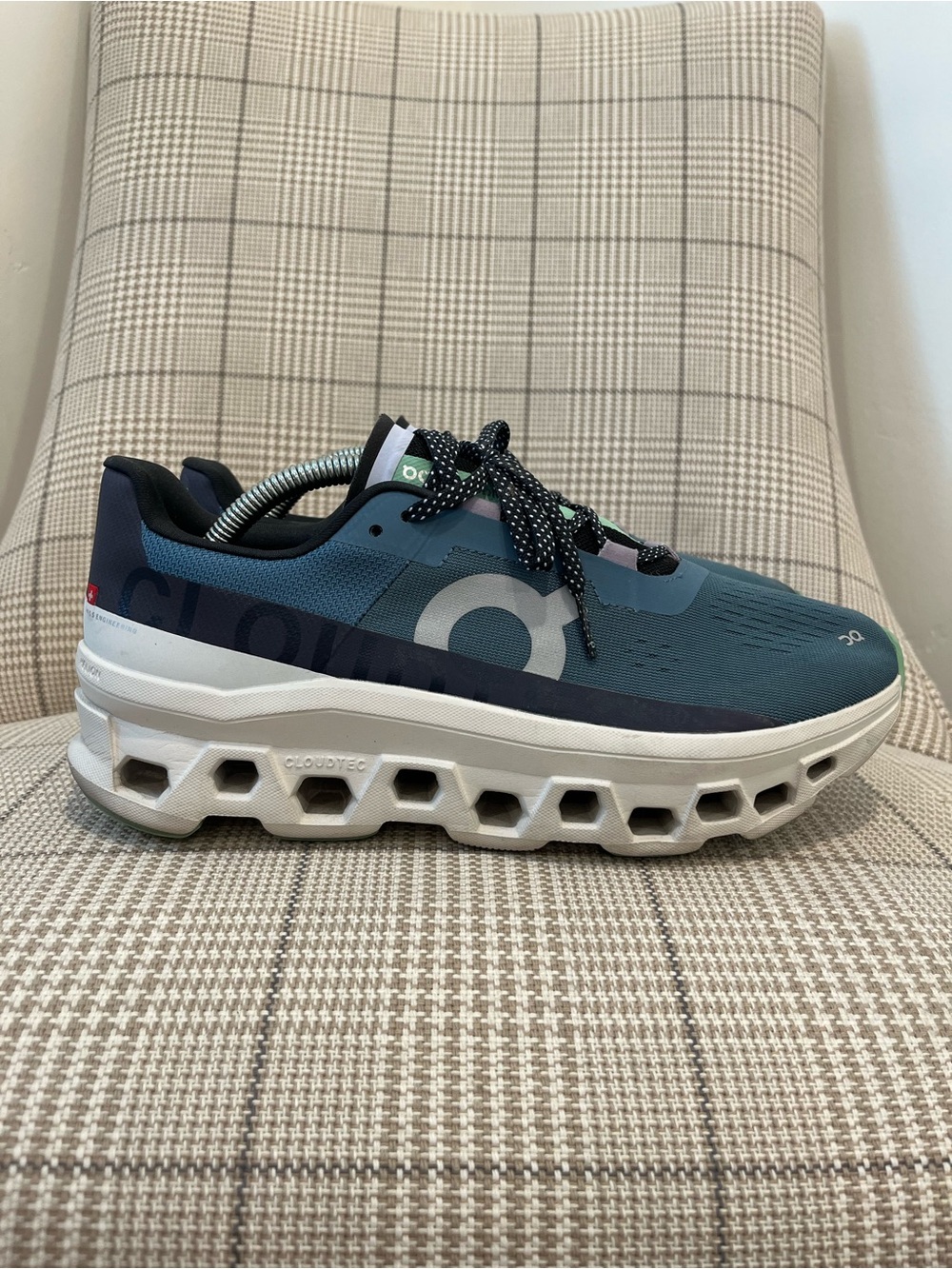 On Running Cloudmonster Men's Teal Blue and White Sneakers
